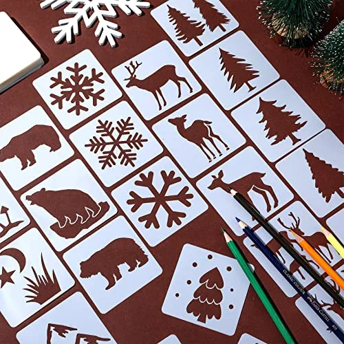 100 Pieces Winter Forest Stencil Template for Painting Reusable Drawing Stencils Animal Plant Stencil, Stencils for Painting on Wood Craft Supplies