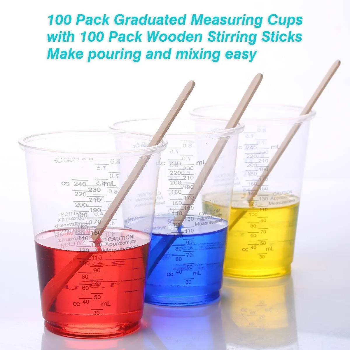 100Pcs 8Oz Graduated Clear Plastic Measuring Cups with 100Pcs Wooden Stirring Sticks for Mixing Paint, Pigments, Epoxy Resins, Resins