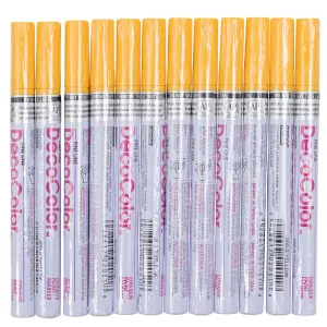 12 Pc Set Yellow Decocolor Fine Line Point Oil Based Glossy Opaque Paint Marker Pens on Metal Stone Glass Wood for Industrial Art Auto Trade