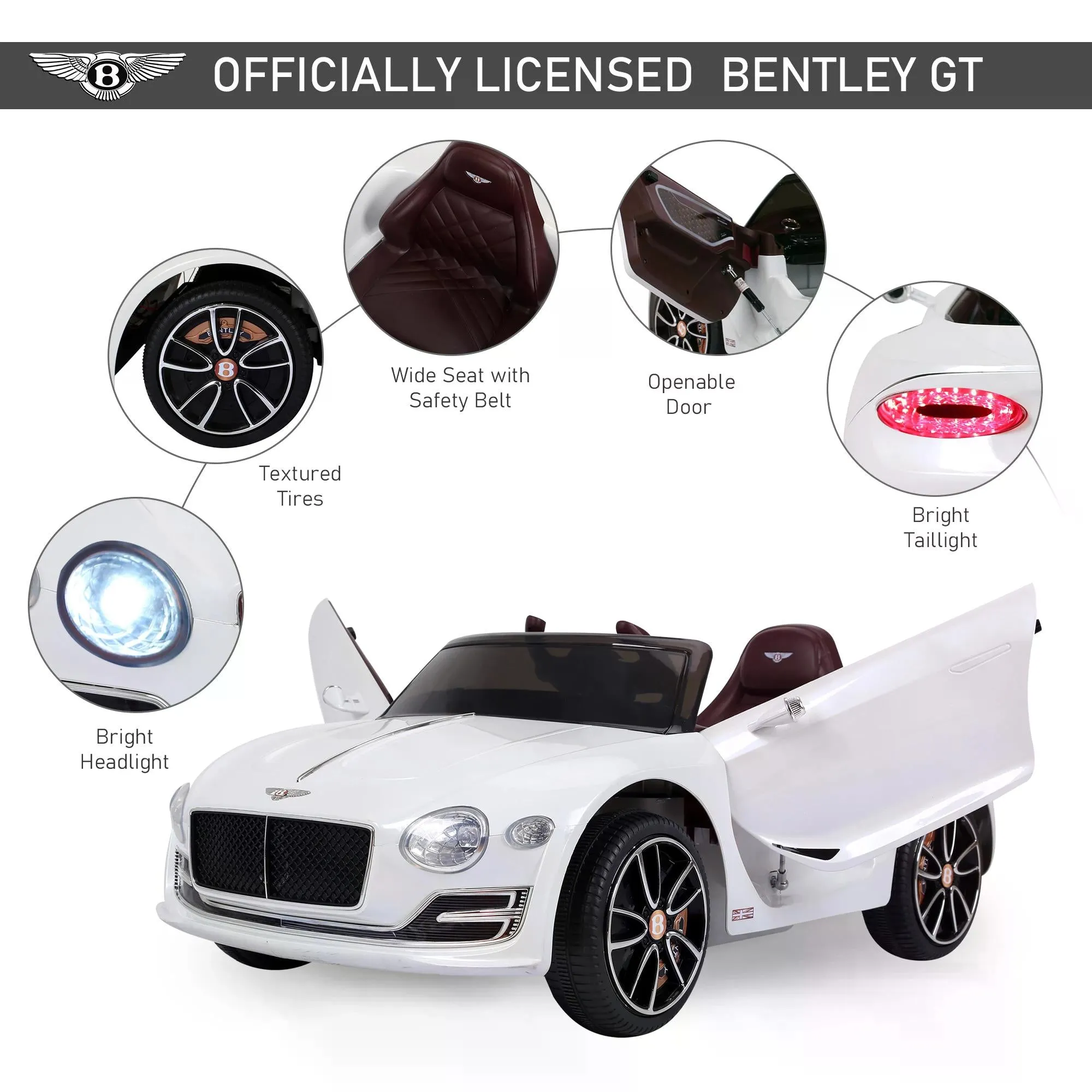 12V Ride on Car with LED Lights, Kids Electric Car Ride on Toys Bentley Licensed MP3 Player, White