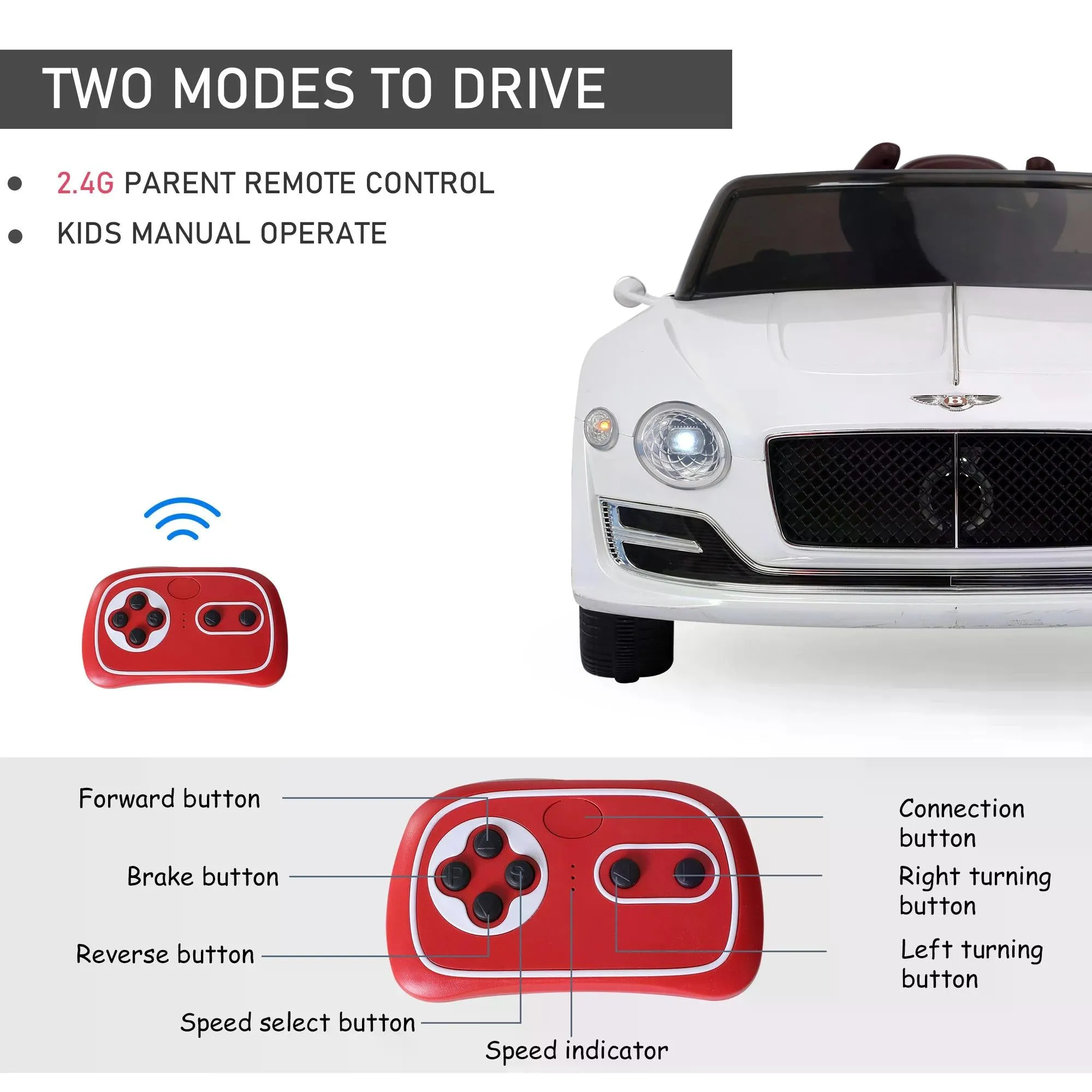 12V Ride on Car with LED Lights, Kids Electric Car Ride on Toys Bentley Licensed MP3 Player, White