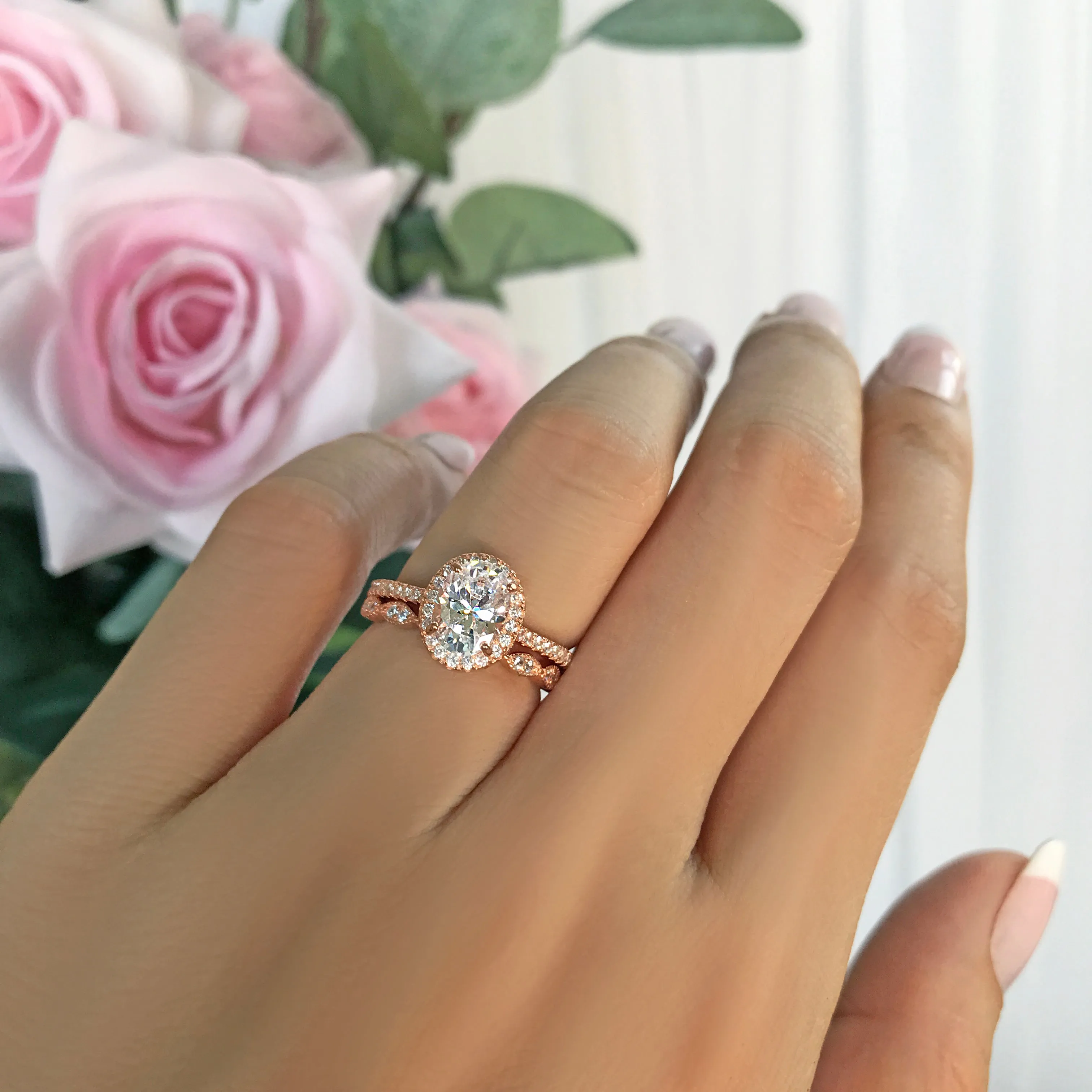 1.5 ctw Art Deco Oval Halo Set- Rose GP