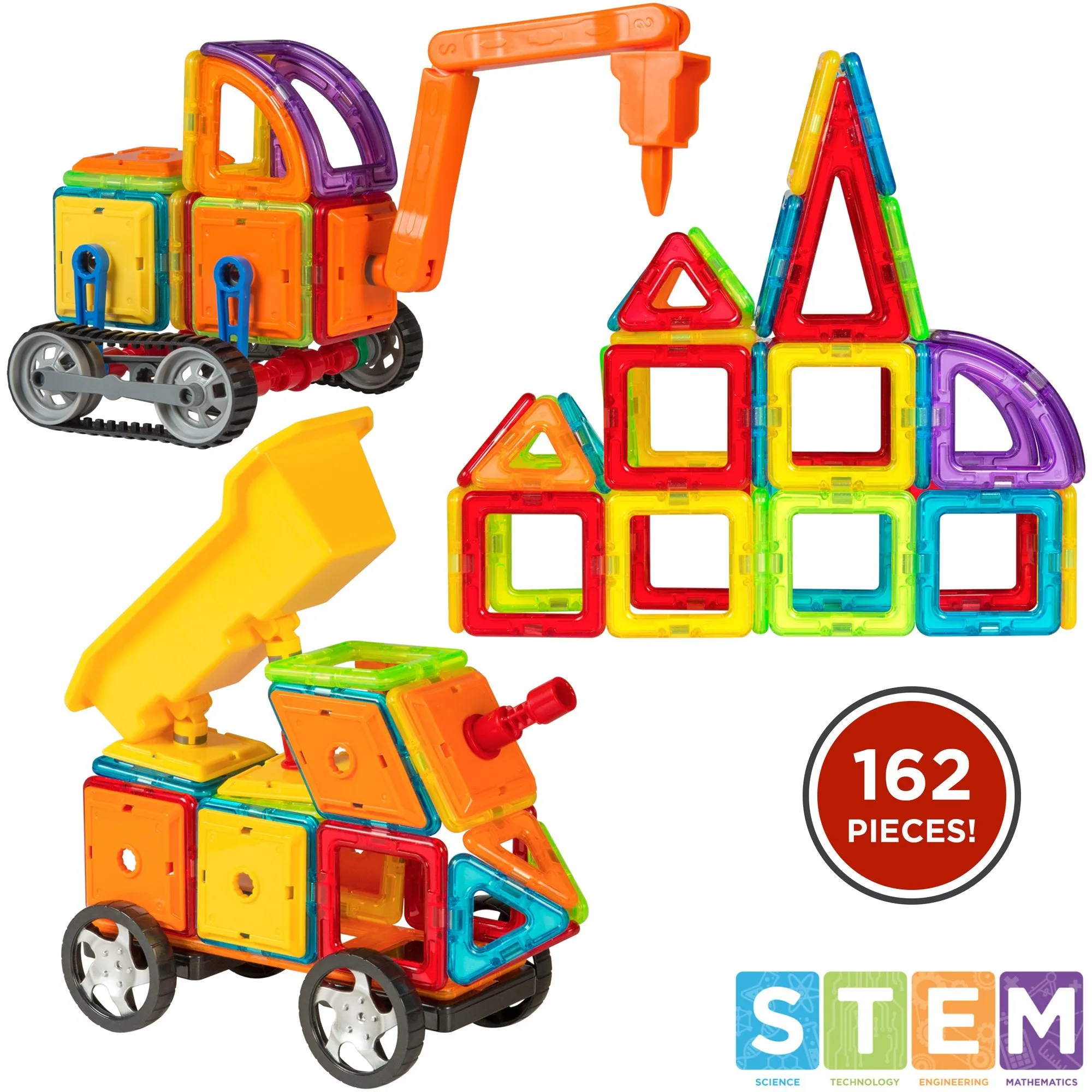 162-Piece Magnetic Building Block Tile Toy Set w/ Excavator Dump Truck