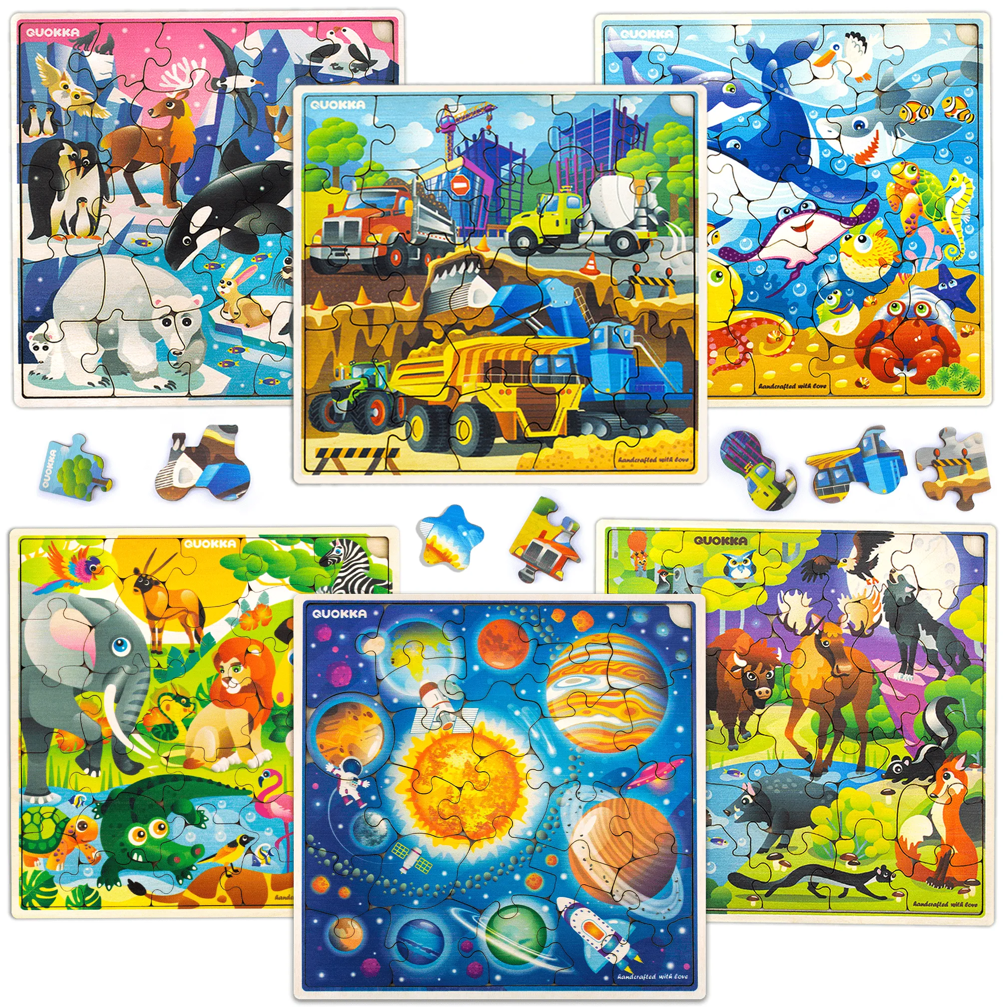 30 Pieces Set of 6 Wooden Puzzles | Animals, Space & Cars