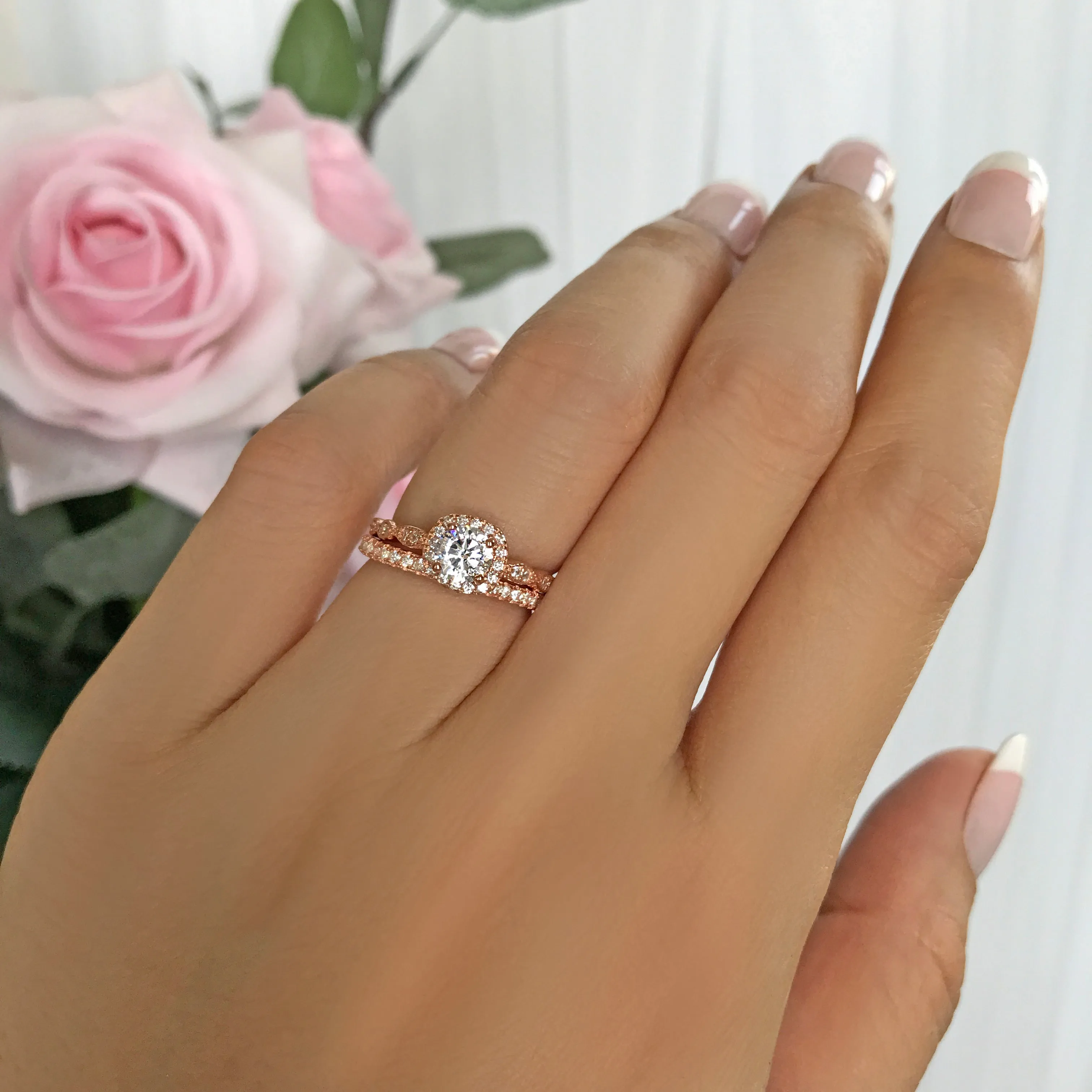 3/4 ctw Art Deco Half Eternity Halo Set - Rose GP