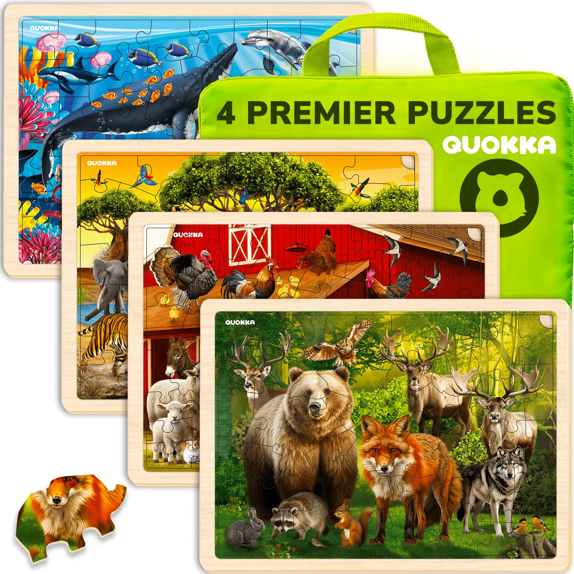 4 Set 48 Pcs Wooden Puzzles for Kids | Africa, Ocean & Wild Animals