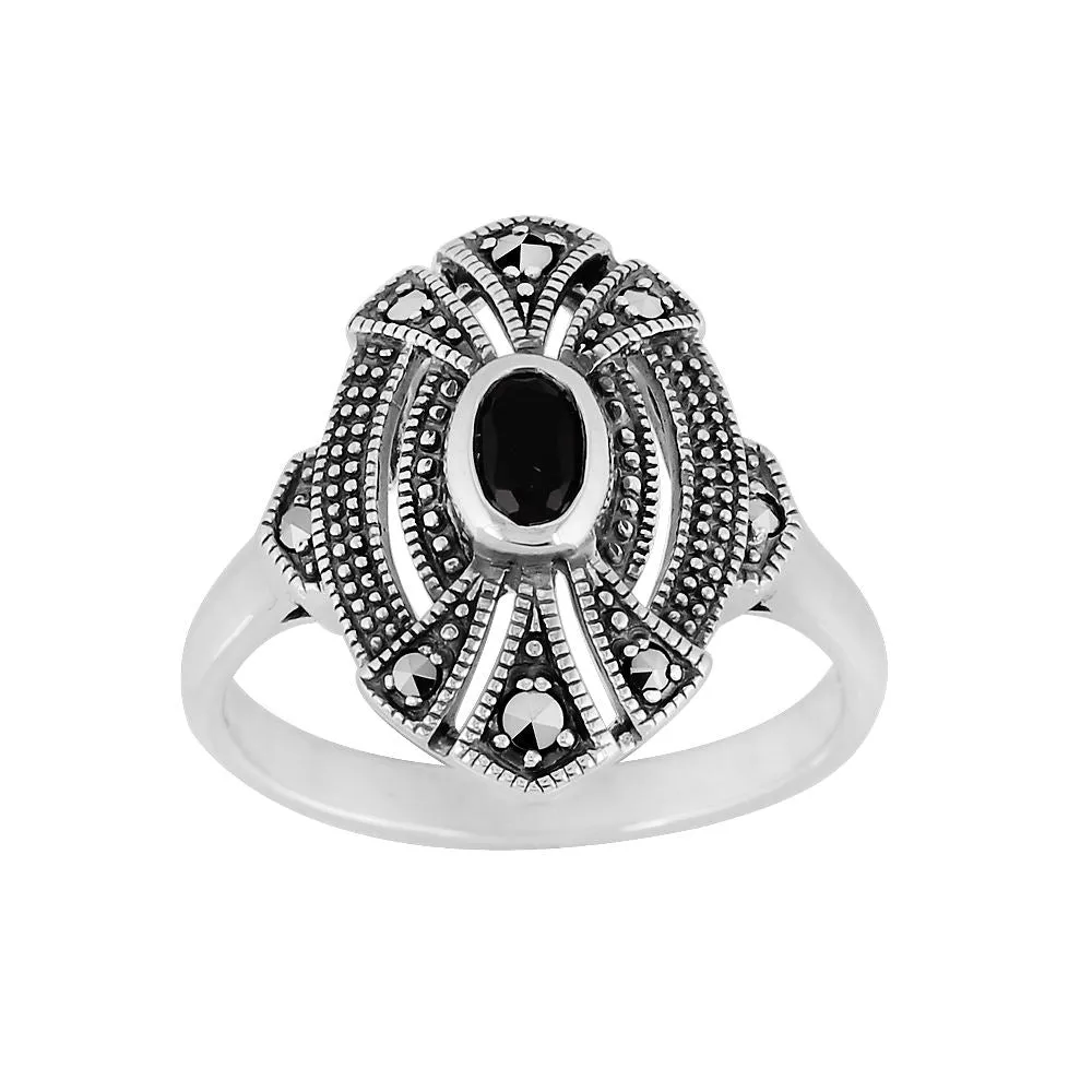 Art Deco Stil Schwarzer Onyx & Markasit Ring in 925 Sterling Silber