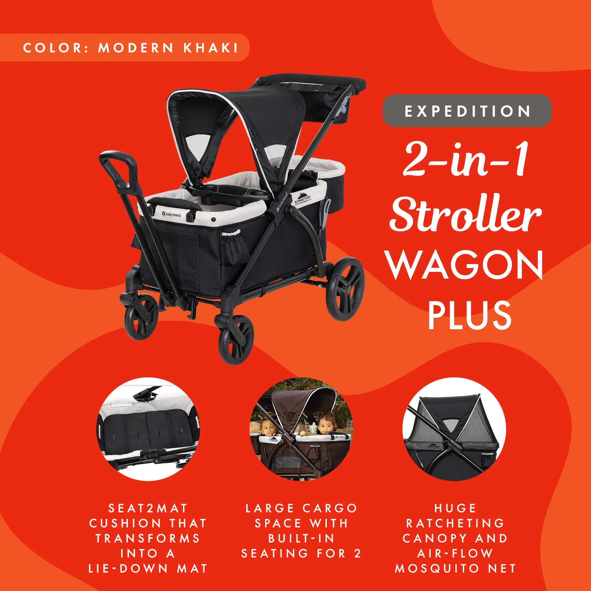 Baby Trend Expedition 2-in-1 Stroller Wagon PLUS w/Canopy & Basket, Modern Khaki