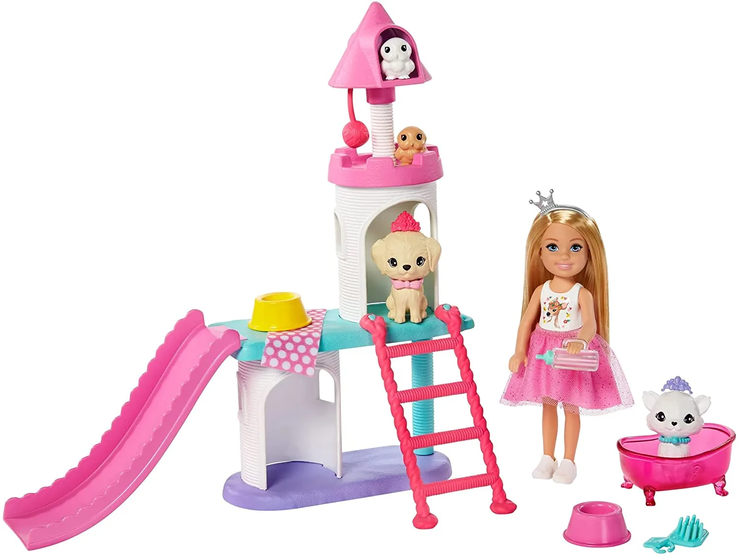 Barbie Princess Adventure Chelsea Pet Castle Playset, with Blonde Chelsea Doll (6-inch), 4 Pets and Accessories, Gift for 3 to 7 Year Olds