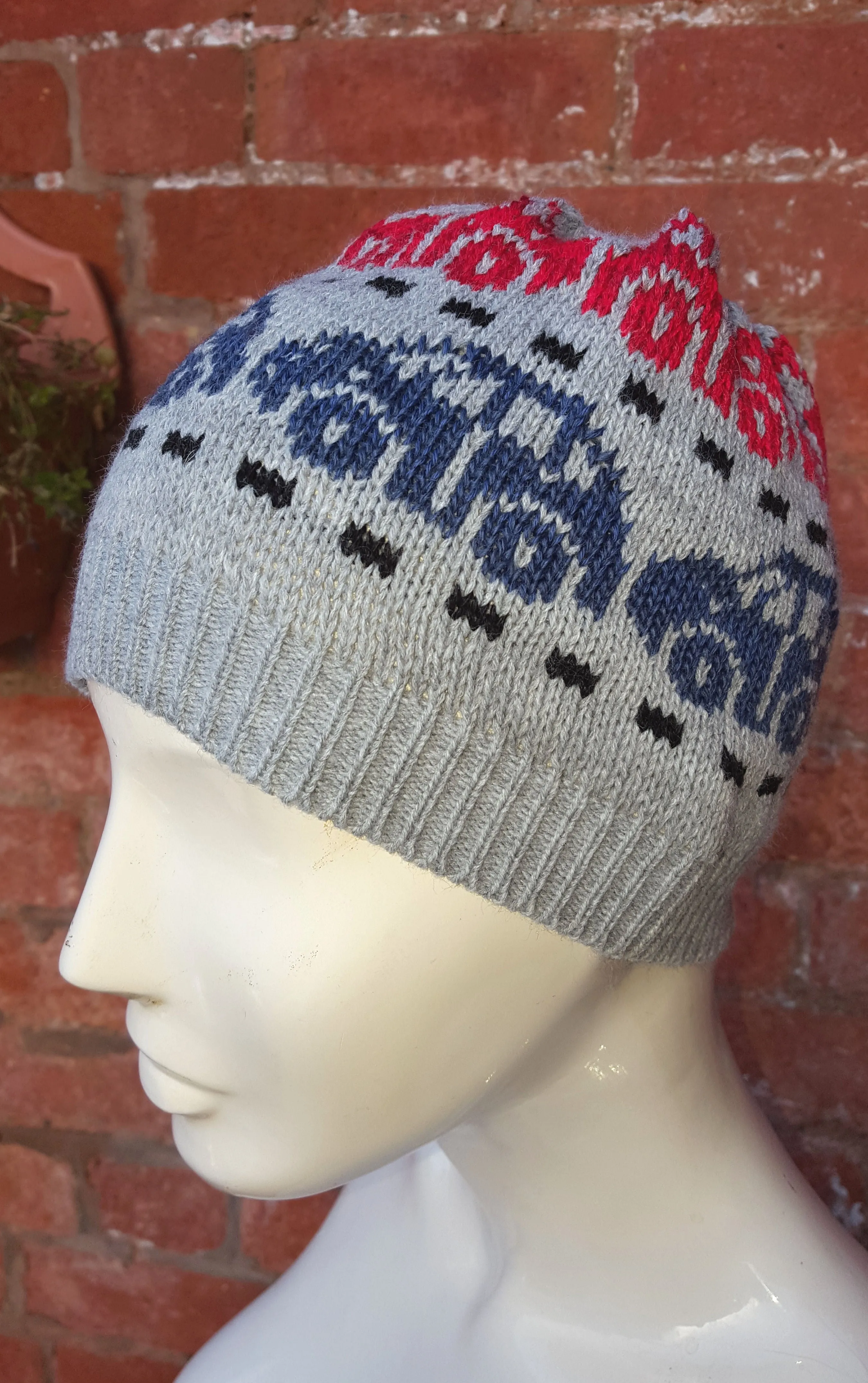 boys or girls car motif beanie, grey red black and blue fair isle. one size fits all