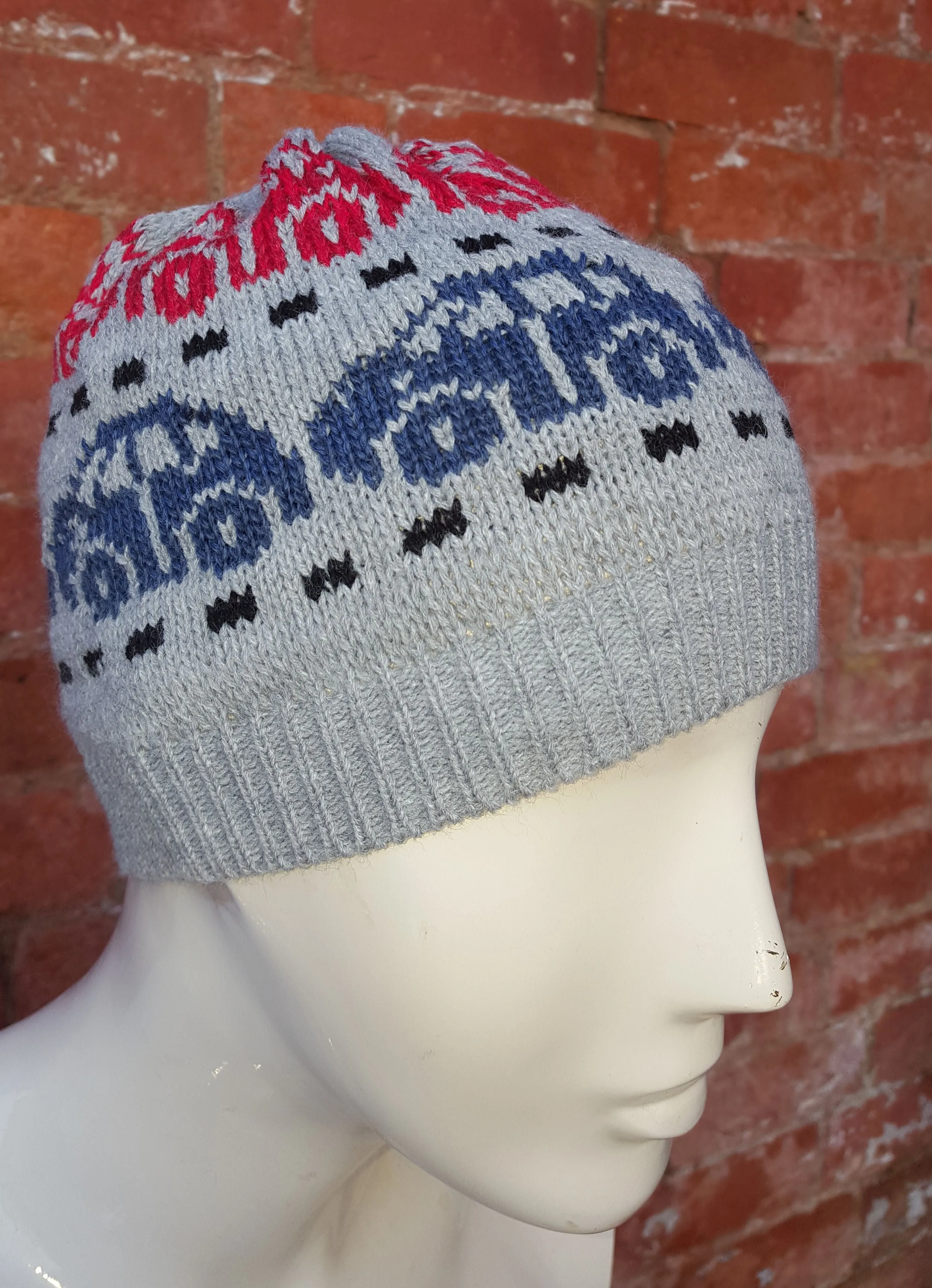 boys or girls car motif beanie, grey red black and blue fair isle. one size fits all