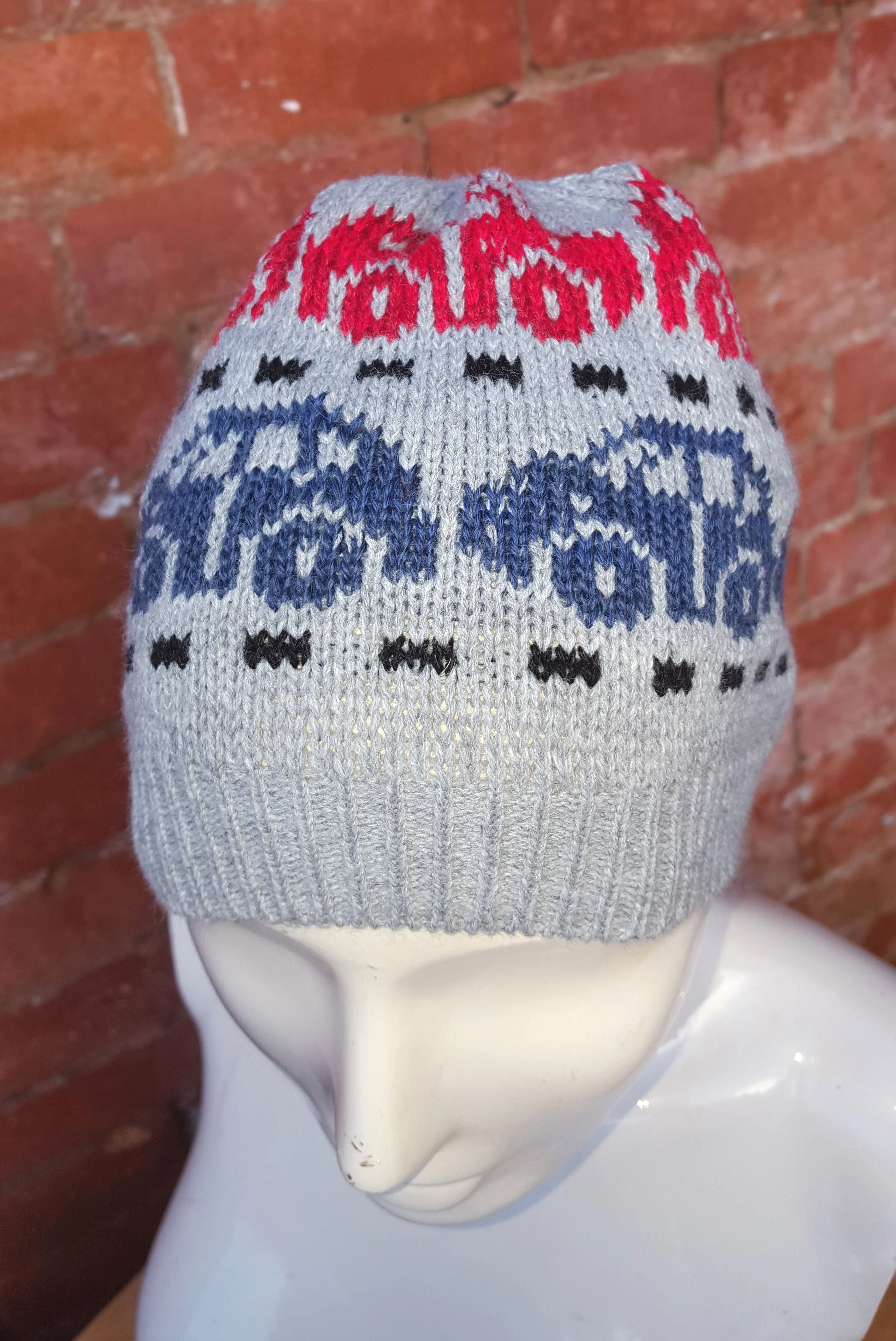 boys or girls car motif beanie, grey red black and blue fair isle. one size fits all