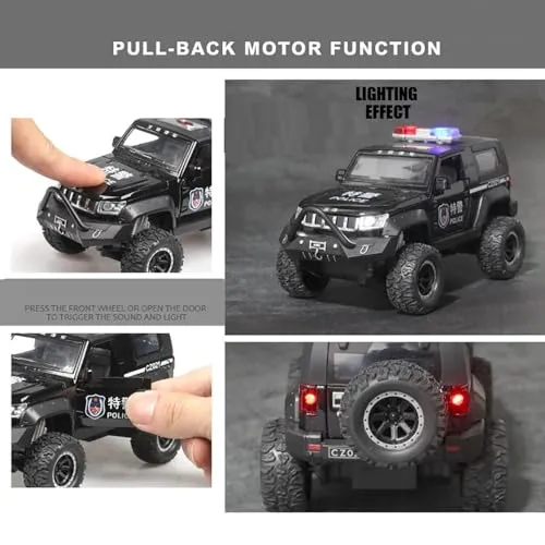 DEUSON ECOM Alloy 1:32 Jeep Police Car Diecast Metal Car Pullback Metal Die Cast Car Pull Back Toy car with Openable Doors & Light, Music Boys Gifts Toys for Kids