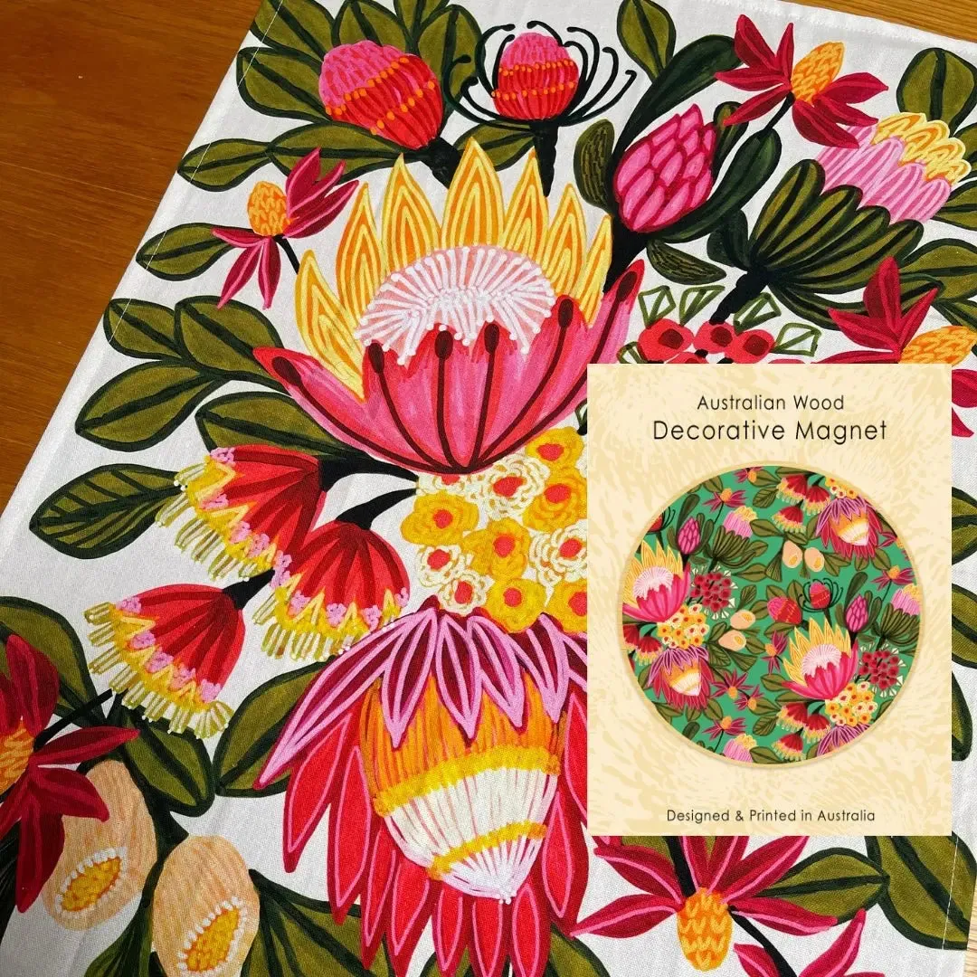 Festive Proteas Tea Towel & Wooden Fridge Magnet Gift Set