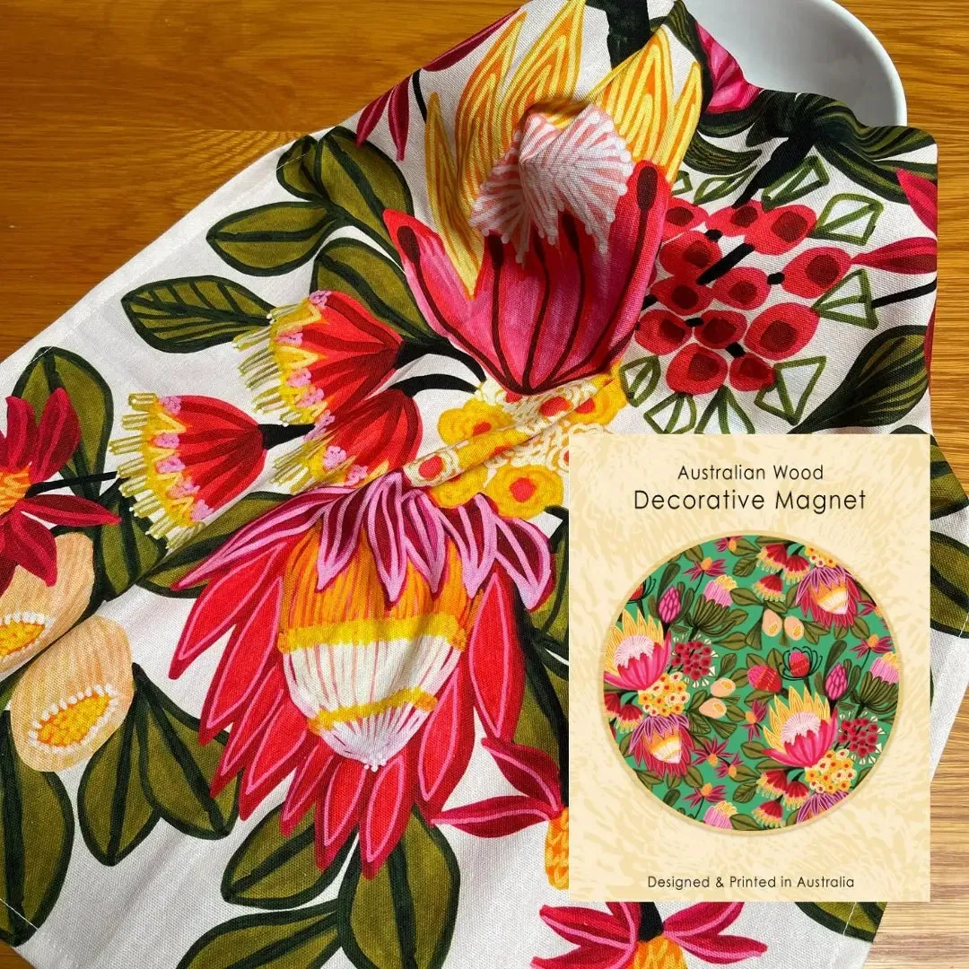 Festive Proteas Tea Towel & Wooden Fridge Magnet Gift Set