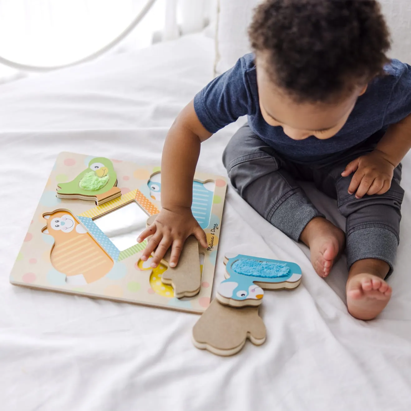 First Play Wooden Touch and Feel Puzzle Peek-a-Boo Pets With Mirror