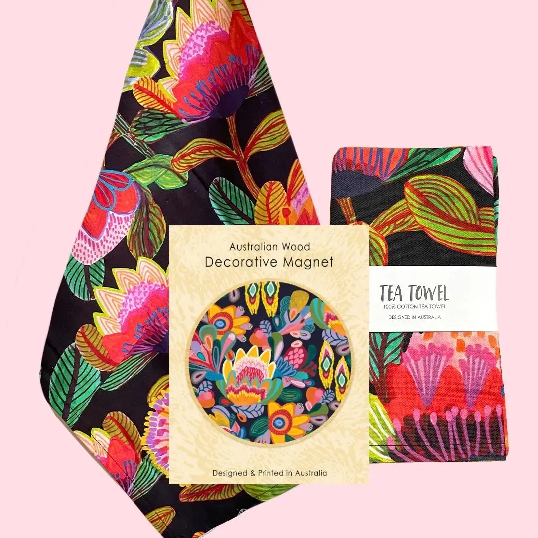 Folk Flowers Tea Towel & Wooden Fridge Magnet Gift Set