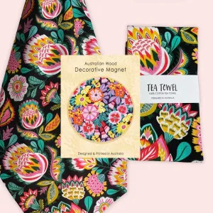 Folk Flowers Tea Towel & Wooden Fridge Magnet Gift Set