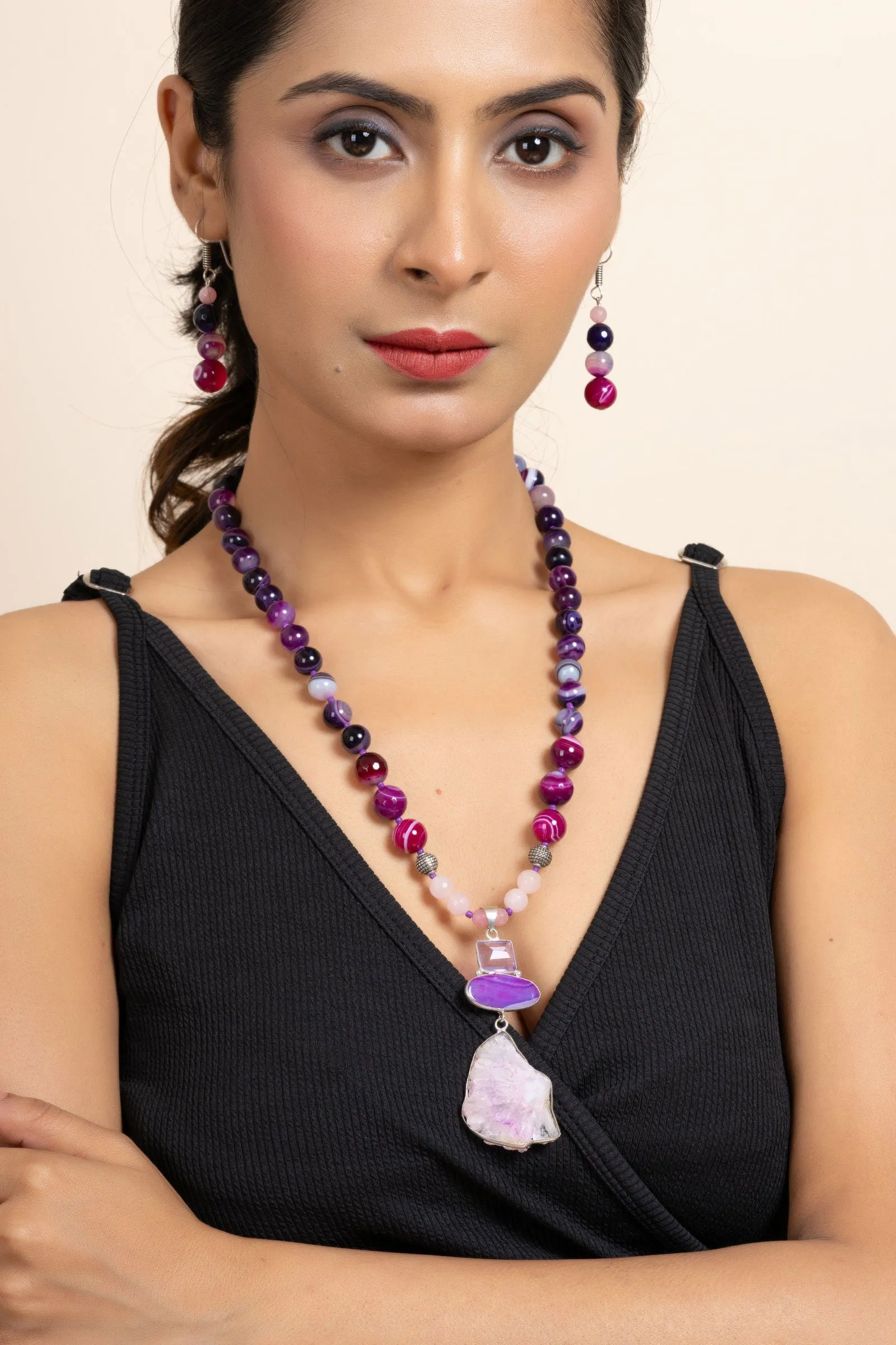 Handmade Purple Pink Agate Onyx Stone Necklace and Earring Jewelry Set for Women and Girls