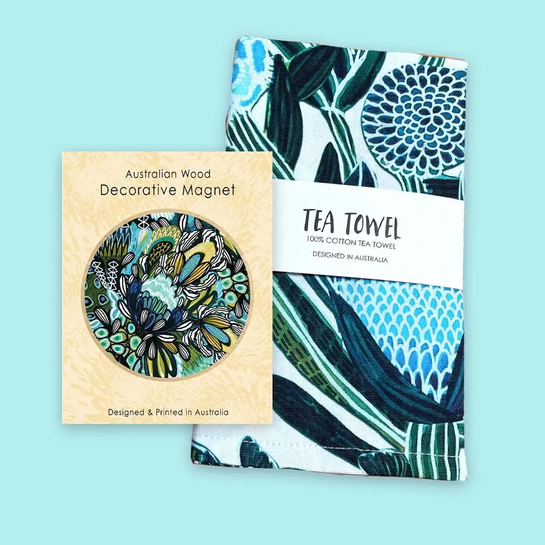 Home Decor Gift Set: Blue Banksia Tea Towel & Wooden Fridge Magnet