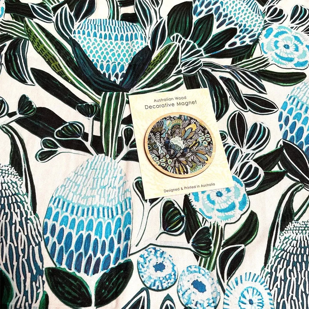 Home Decor Gift Set: Blue Banksia Tea Towel & Wooden Fridge Magnet