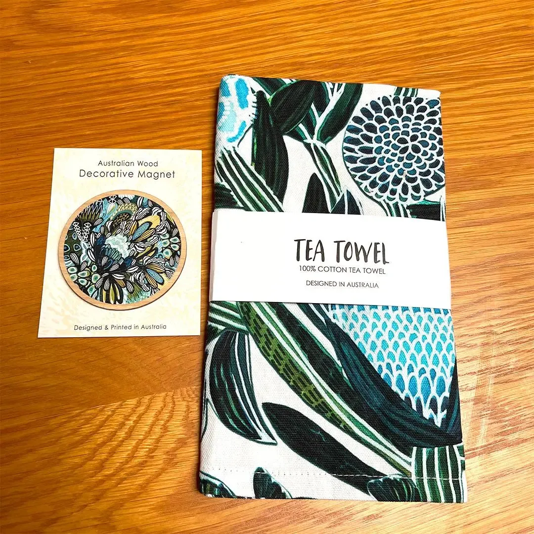 Home Decor Gift Set: Blue Banksia Tea Towel & Wooden Fridge Magnet