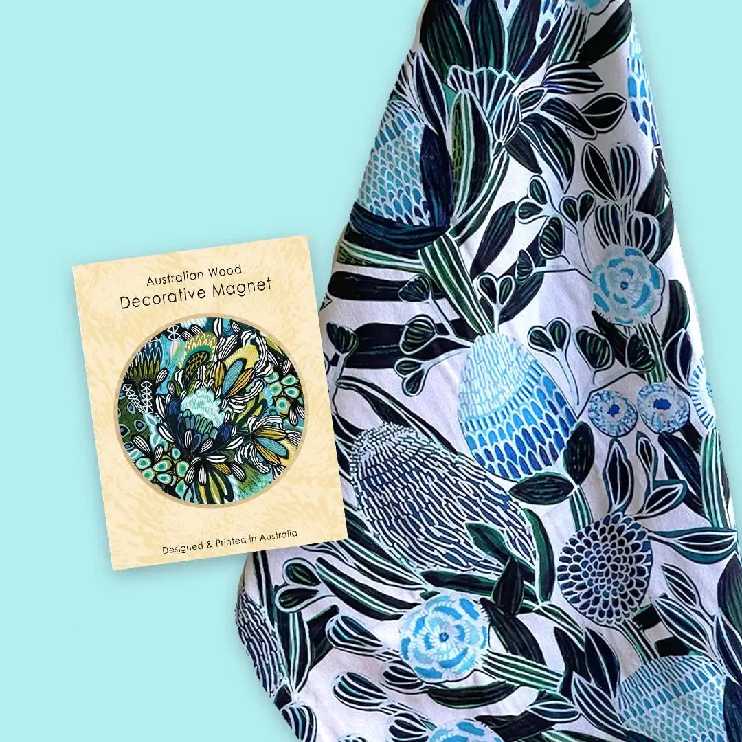 Home Decor Gift Set: Blue Banksia Tea Towel & Wooden Fridge Magnet