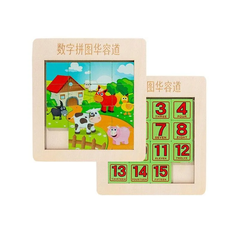 Huarong Road Klotski Puzzle Wooden 3D Puzzle Double-sided Digital Educational Early Learning Toys Children Brain Toys Develop