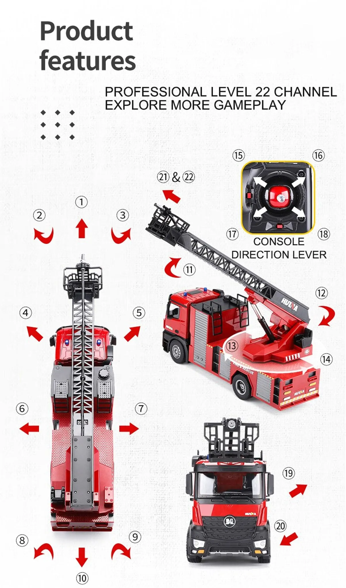 Huina 1:14 RC Fire Truck Extensible Ladder Toy Car Water Gun Construction Light Sound Gift