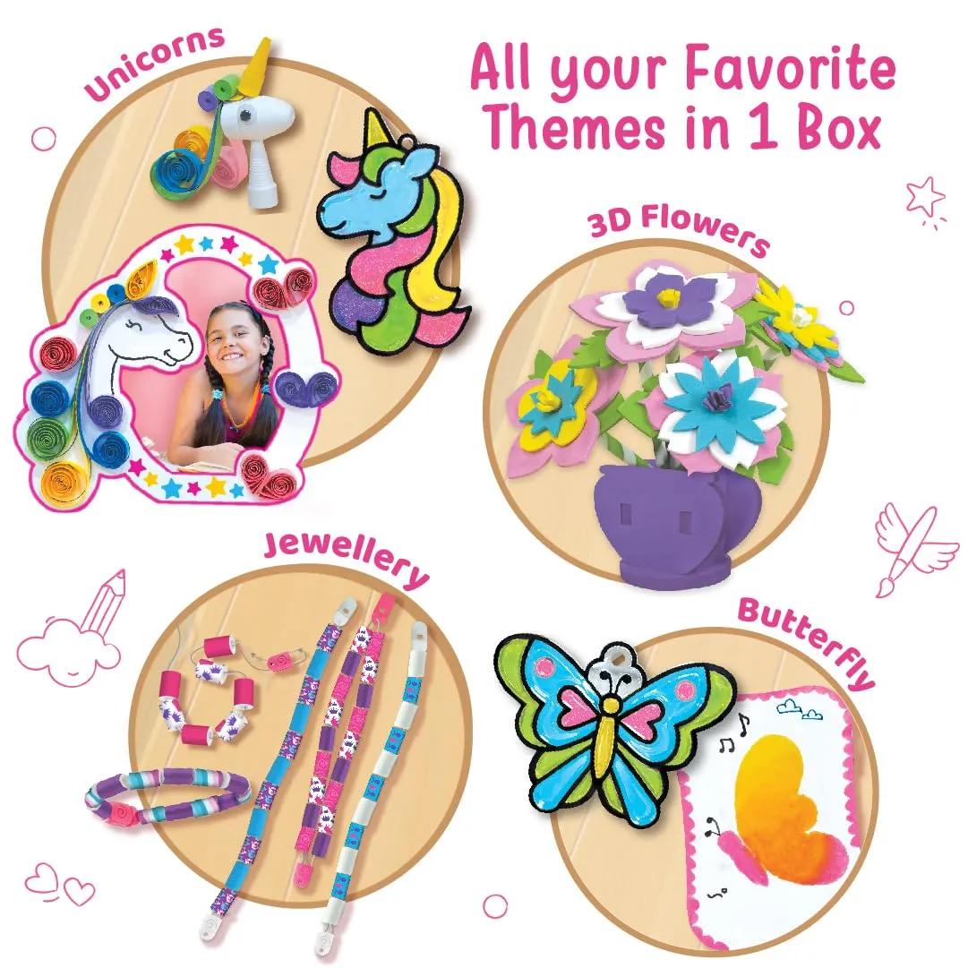 Imagimake Fabulous Craft Kit-Arts & Crafts Kids Ages 6-8-Suncatcher Kits Kids-Glass Painting,Paper Quilling Kit,Stamp Kids- Princess,Unicorn Toys- Gifts 5,6,7,8,9 Year Old Girls - Multicolor