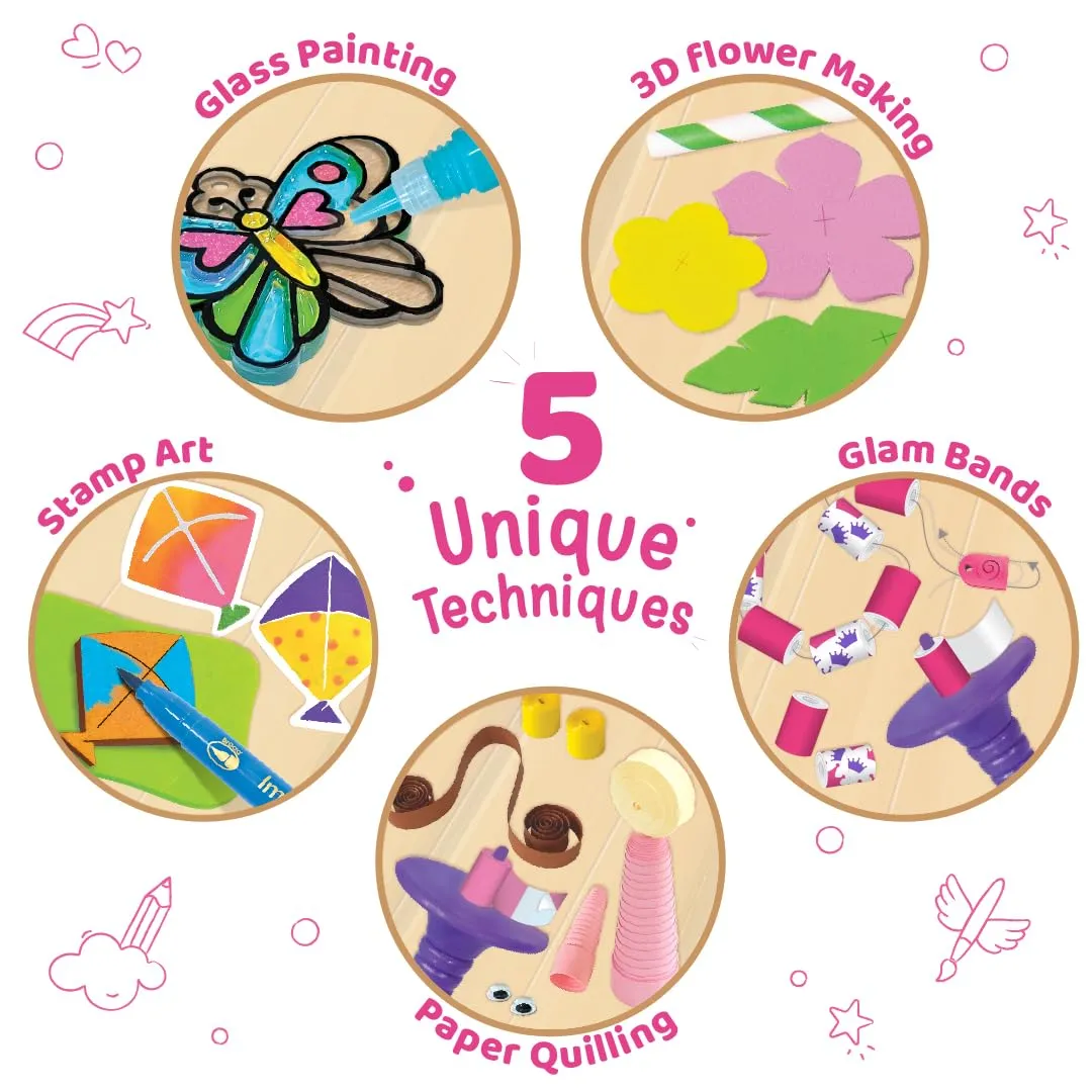 Imagimake Fabulous Craft Kit-Arts & Crafts Kids Ages 6-8-Suncatcher Kits Kids-Glass Painting,Paper Quilling Kit,Stamp Kids- Princess,Unicorn Toys- Gifts 5,6,7,8,9 Year Old Girls - Multicolor