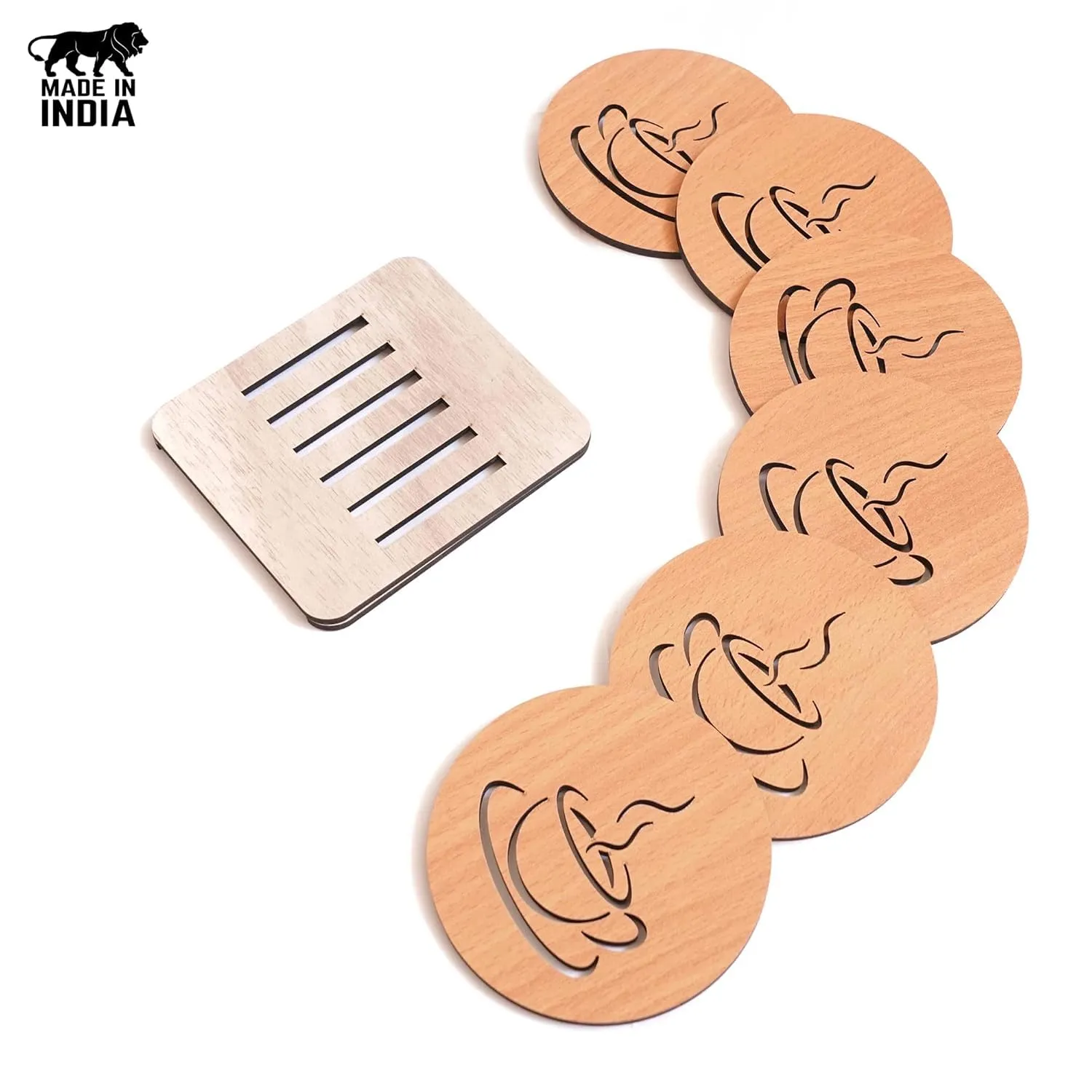 KERMIS Wooden Coaster Set of 6 with Stand Help Prevent Rings or Stains on Furniture Caused by Spills Dining Table Decorative Items for Coffee Tea Cups Glasses Gift Ideas Friends 9.5 x 9.5 cm