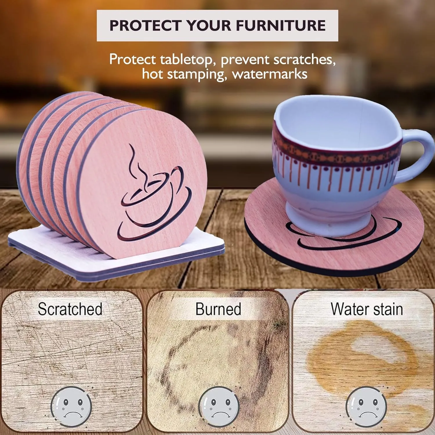 KERMIS Wooden Coaster Set of 6 with Stand Help Prevent Rings or Stains on Furniture Caused by Spills Dining Table Decorative Items for Coffee Tea Cups Glasses Gift Ideas Friends 9.5 x 9.5 cm