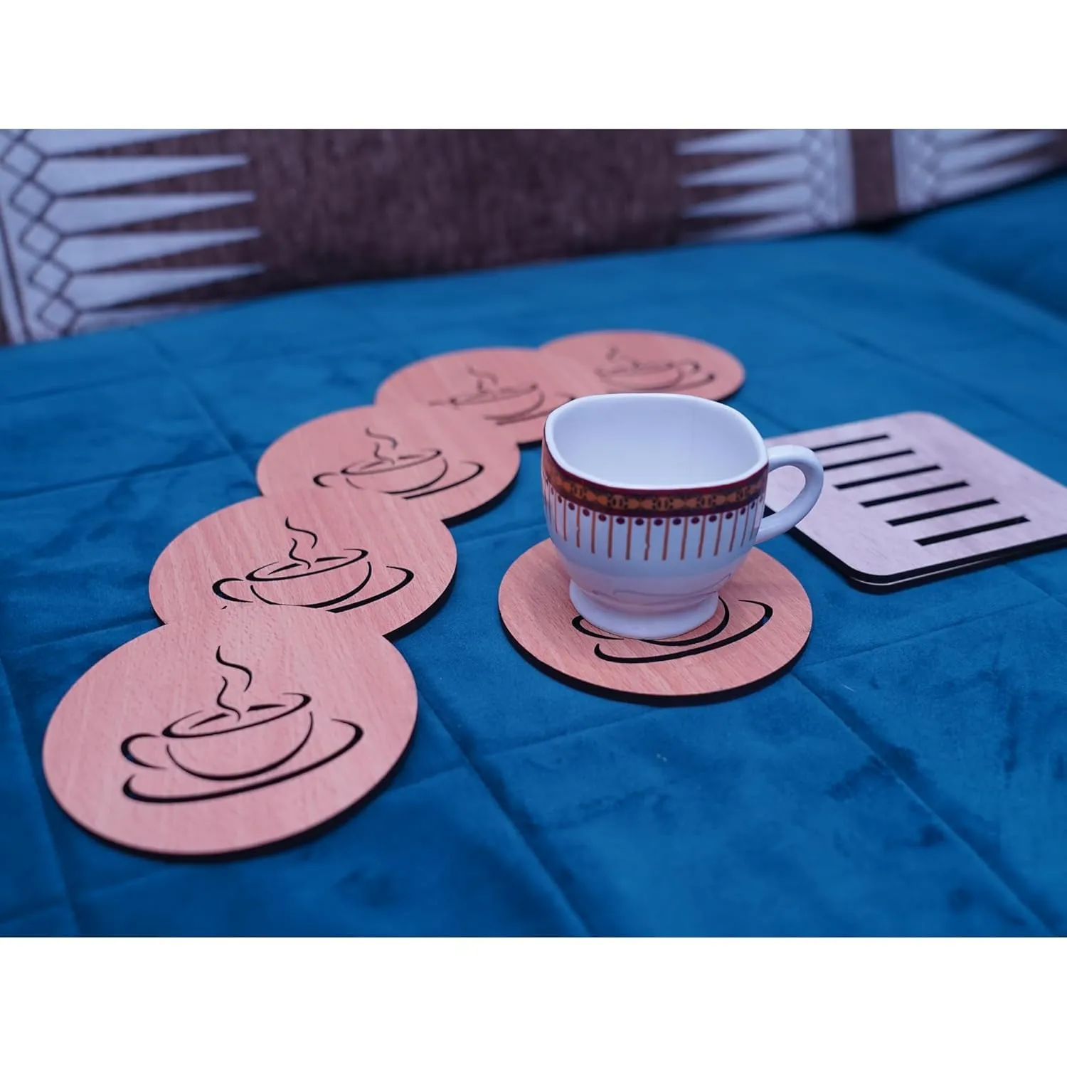 KERMIS Wooden Coaster Set of 6 with Stand Help Prevent Rings or Stains on Furniture Caused by Spills Dining Table Decorative Items for Coffee Tea Cups Glasses Gift Ideas Friends 9.5 x 9.5 cm