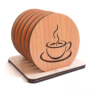 KERMIS Wooden Coaster Set of 6 with Stand Help Prevent Rings or Stains on Furniture Caused by Spills Dining Table Decorative Items for Coffee Tea Cups Glasses Gift Ideas Friends 9.5 x 9.5 cm