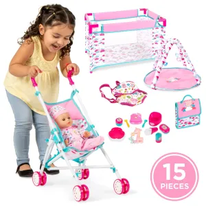 Kids 15-Piece 13.5in Newborn Baby Doll Role Play Playset w/ Accessories