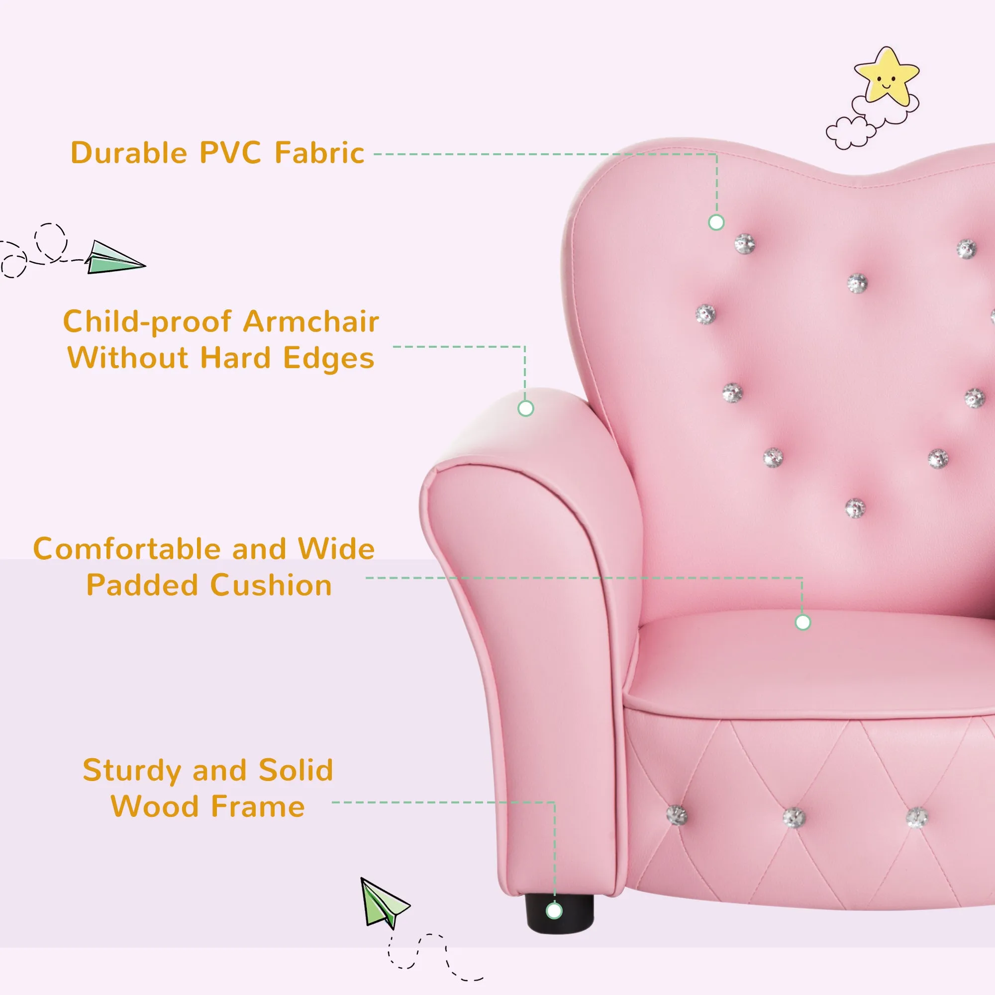 Kids Toddler Chair Sofa Children Armchair Seating Relax Playroom Seater Girl Princess Pink