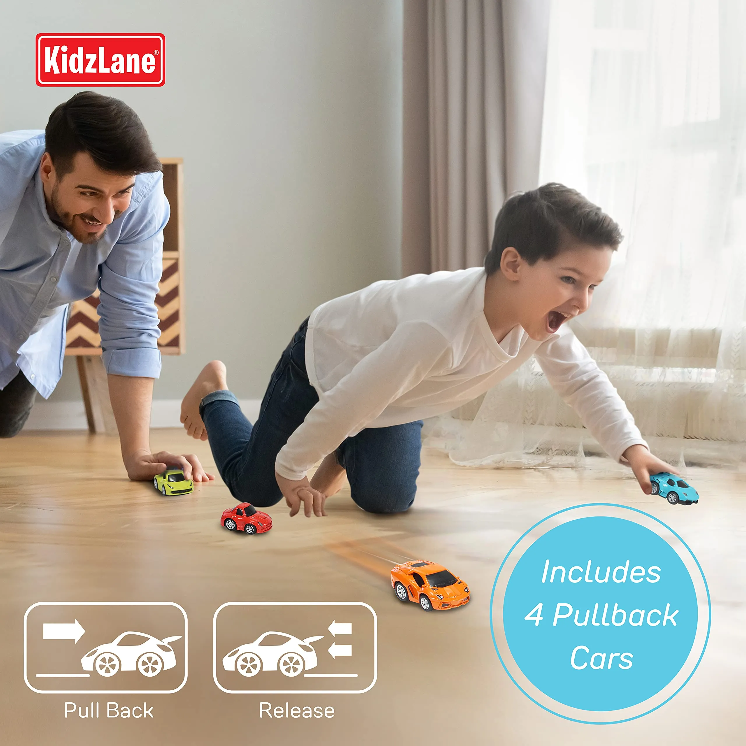 Kidzlane Diecast Metal Pullback Cars | Friction-Powered Toy Cars for Kids | 4 Pack Mini