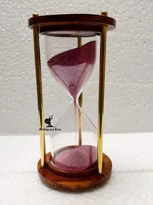 NDI Wooden And Brass 5 Minutes Sand Timer Hour Glass Clock Home Decor Ideal For Exercise, Tea Making, Study Table Decor, Antique Nautical Decor Theme (Height 6 Inches )