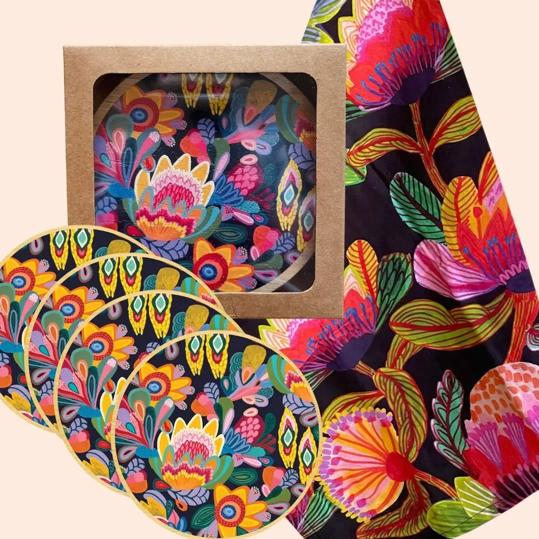 Protea Fantasy Tea Towel & Australian Wooden Coaster Gift Set