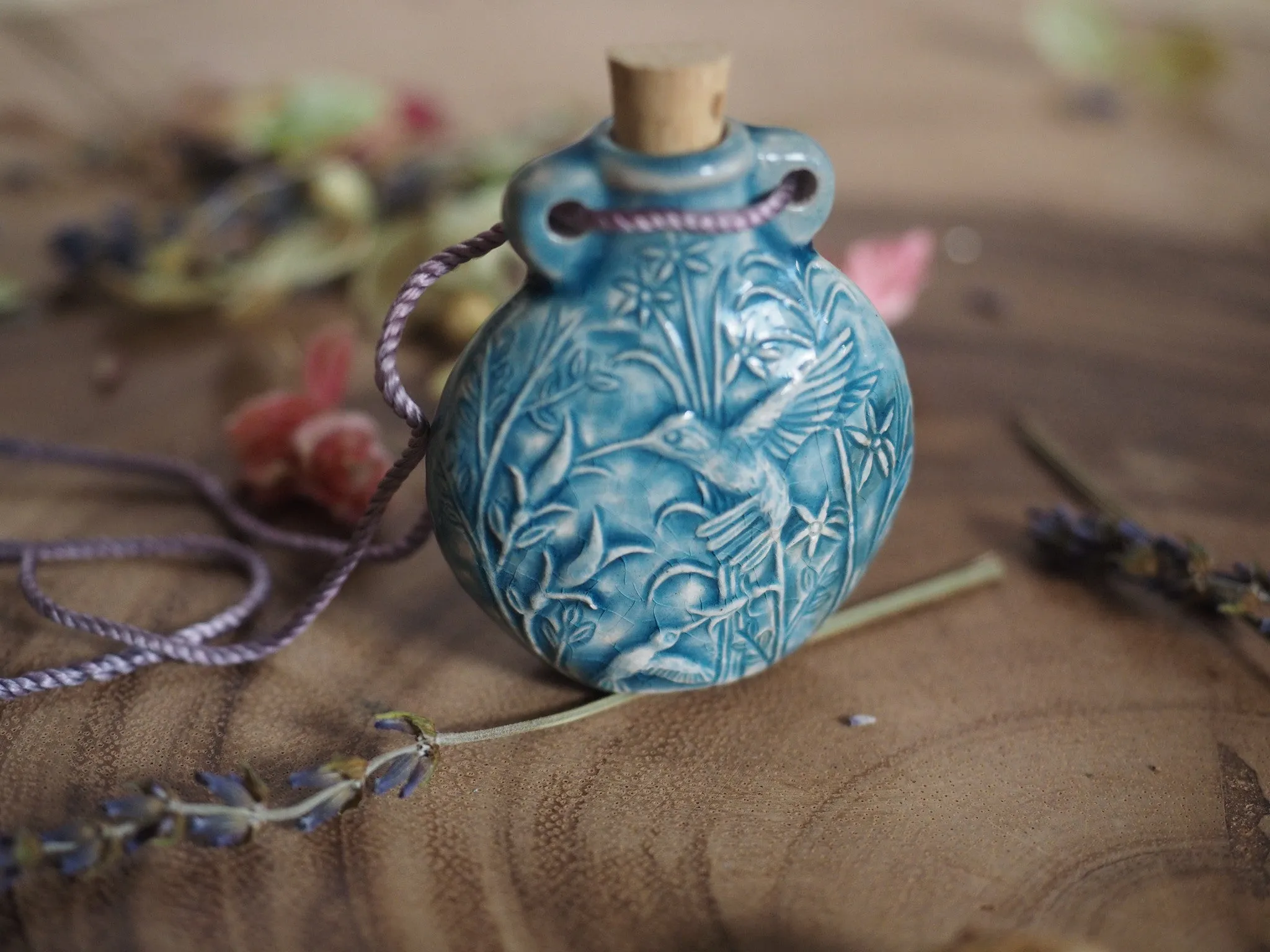 Raku Hummingbird Bottle with Cork