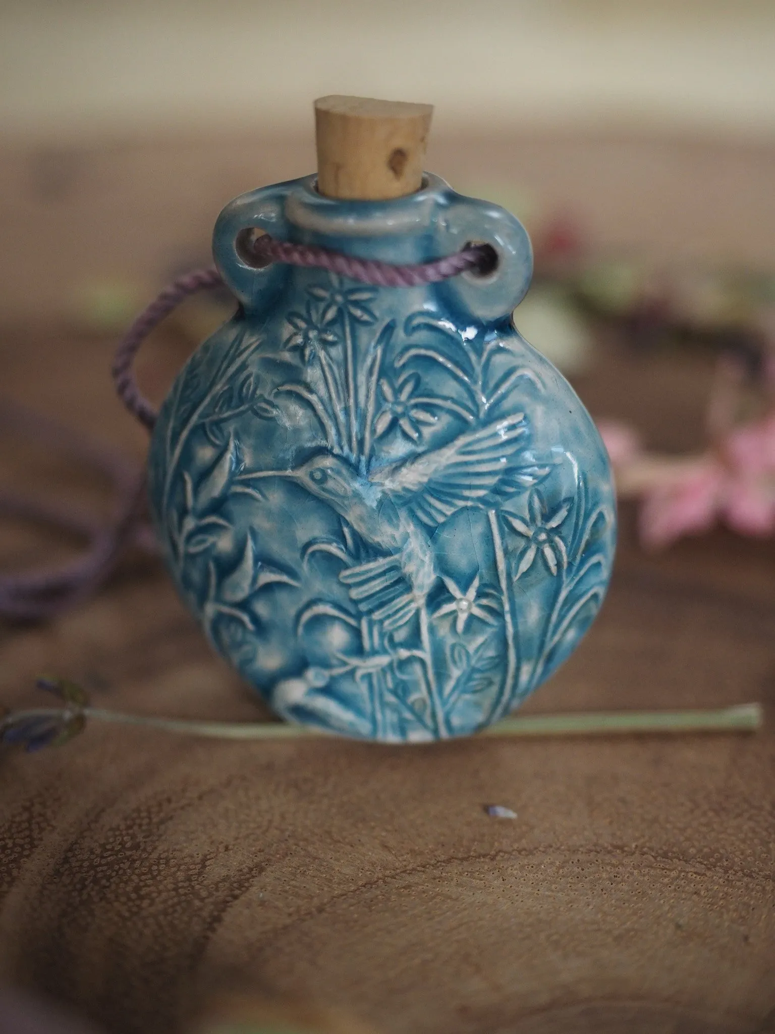 Raku Hummingbird Bottle with Cork