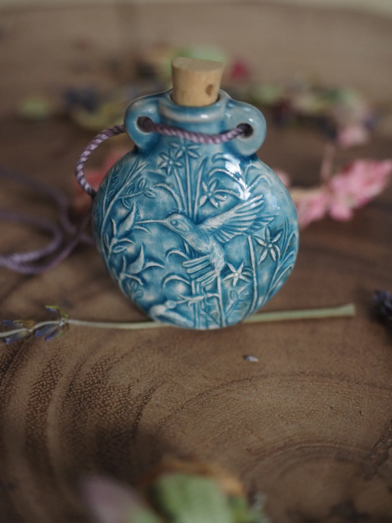 Raku Hummingbird Bottle with Cork