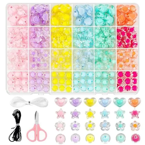 SANNIDHI 174Pcs Acrylic Beads For Jewellery Making Kit, Macaron Color Crystal Beads For Bracelet Making, Double Layer Star Heart Flower Round Cute Aesthetic Beads For Diy Hair Ties, Multicolour