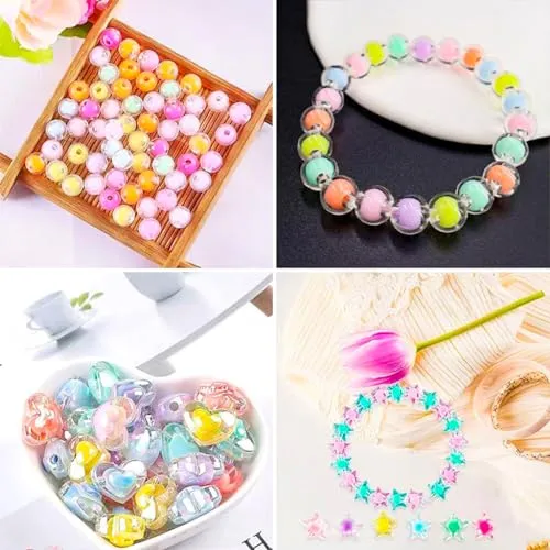 SANNIDHI 174Pcs Acrylic Beads For Jewellery Making Kit, Macaron Color Crystal Beads For Bracelet Making, Double Layer Star Heart Flower Round Cute Aesthetic Beads For Diy Hair Ties, Multicolour