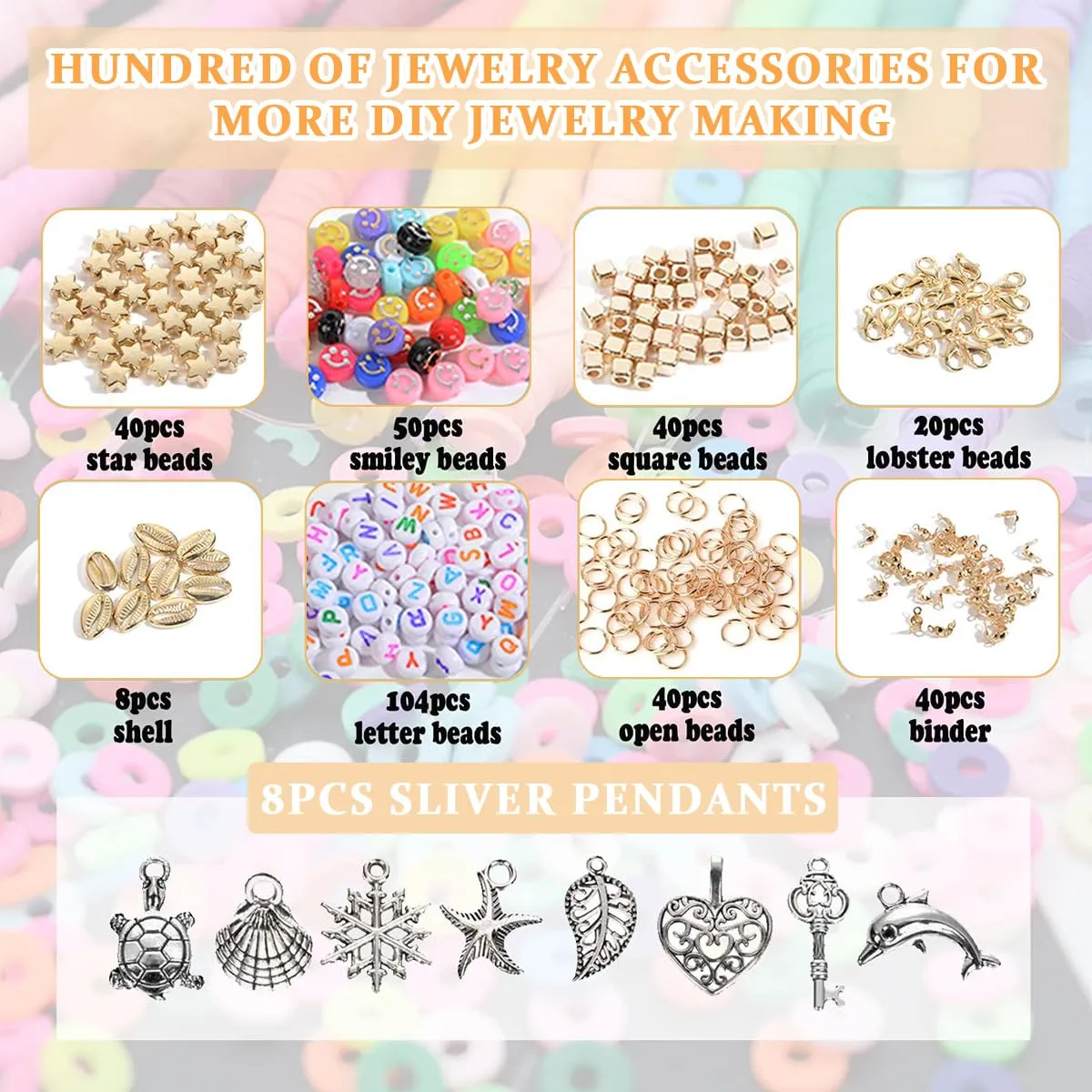 SANNIDHI Clay Beads For Jewellery Making 3950Pcs 24 Colors Clay Beads Bracelet Kit, Polymer Flat Beads Letter Spacer Beads With Charms Elastic Strings Diy Craft Gift For Girls, Beige