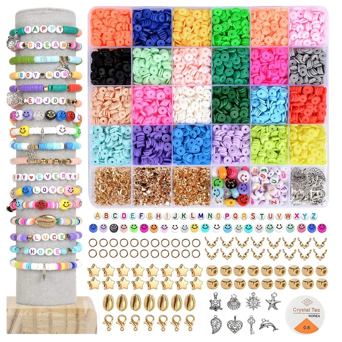 SANNIDHI Clay Beads For Jewellery Making 3950Pcs 24 Colors Clay Beads Bracelet Kit, Polymer Flat Beads Letter Spacer Beads With Charms Elastic Strings Diy Craft Gift For Girls, Beige