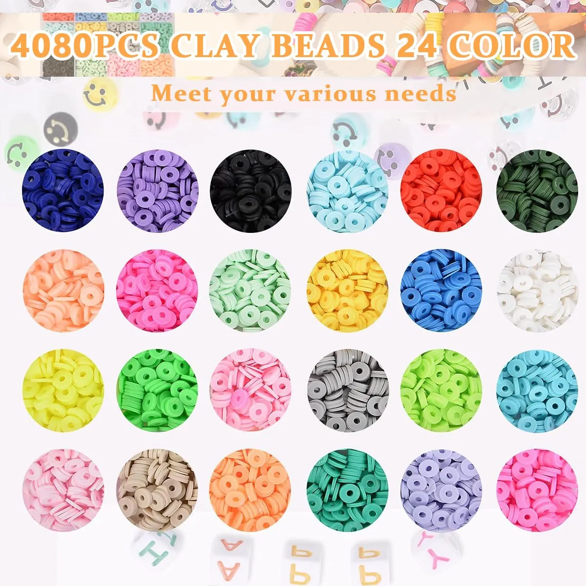 SANNIDHI Clay Beads For Jewellery Making 3950Pcs 24 Colors Clay Beads Bracelet Kit, Polymer Flat Beads Letter Spacer Beads With Charms Elastic Strings Diy Craft Gift For Girls, Beige