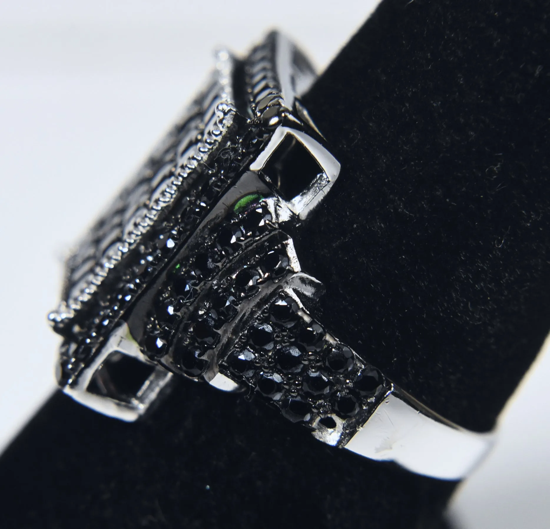 Sterling Silver Black Tourmaline Pave Set Art Deco Style Ring - Size 7