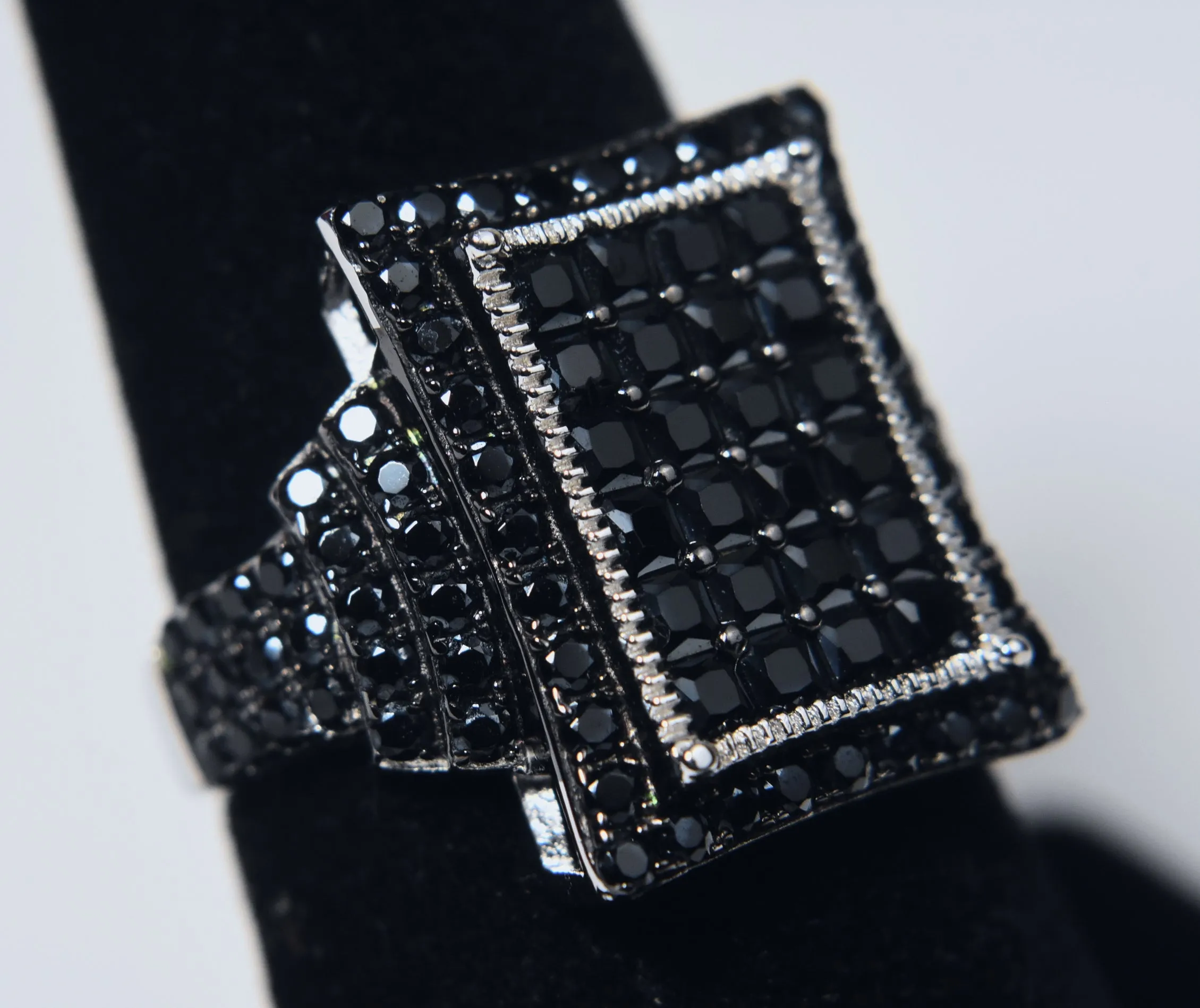 Sterling Silver Black Tourmaline Pave Set Art Deco Style Ring - Size 7